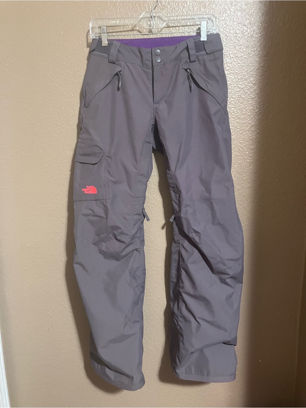 The North Face Gray Hy Vent Waterproof Snow Pants with Pink Logo.